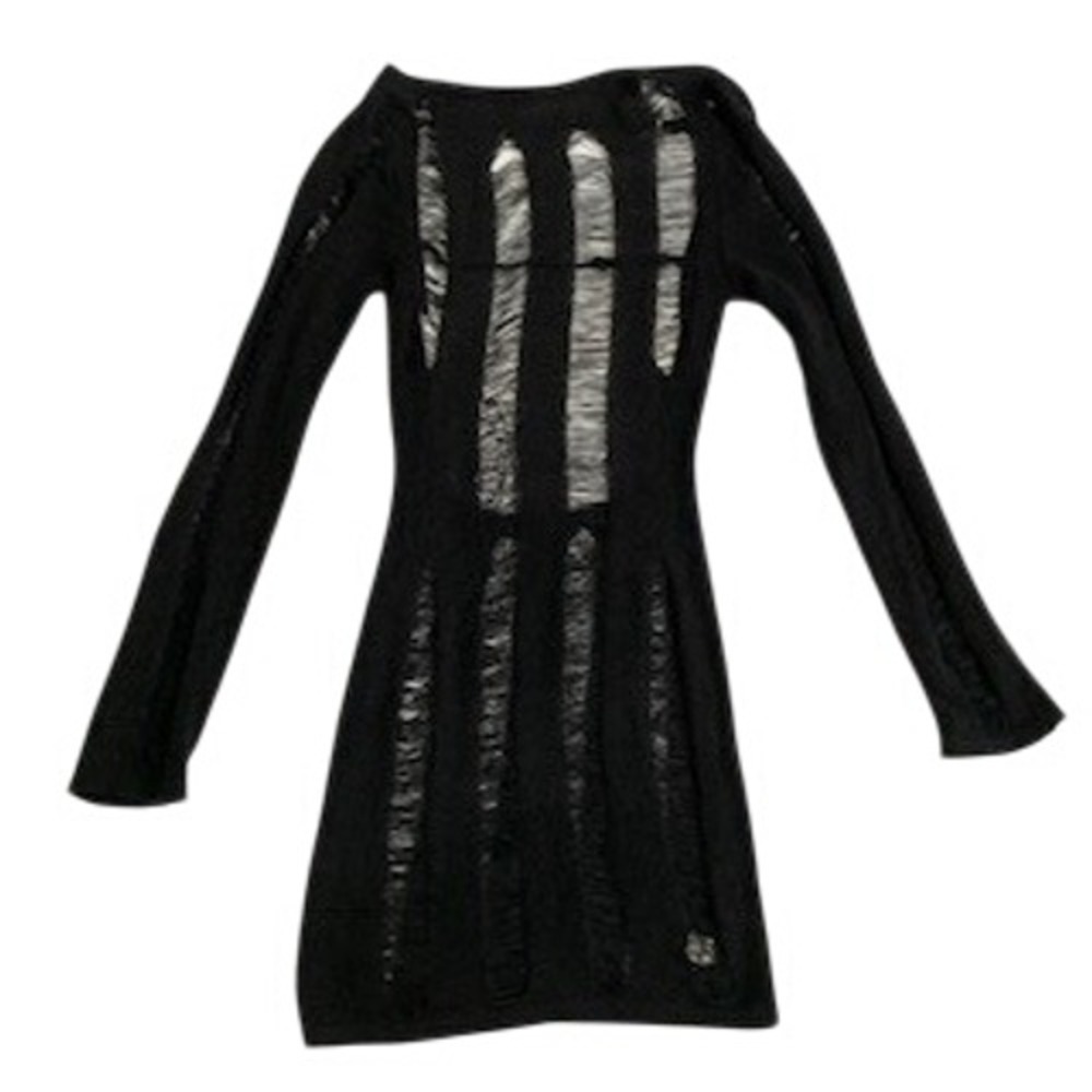 Unbranded Distressed Knit Ladder Cutout Mini Dress Black Long Sleeve Grunge S